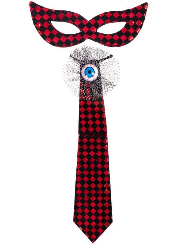 Red and Black Check Tie and Mask with Eyeball Embellishment