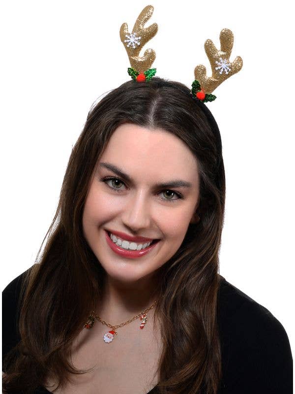 Image of Mini Gold Glitter Reindeer Antlers Christmas Headband - Main Image