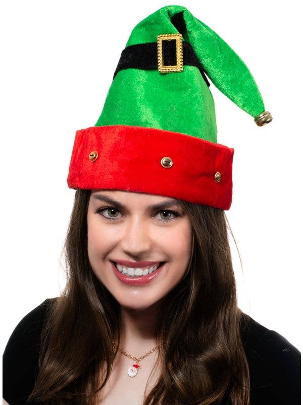 Image of Plush Velveteen Red and Green Elf Christmas Hat