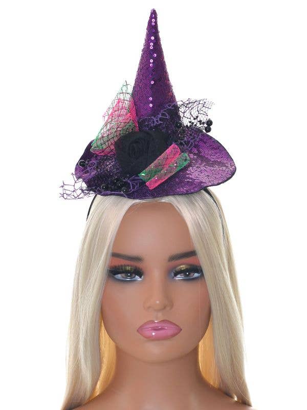 Image of Sparkly Purple Mini Witch Hat on Headband Halloween Accessory