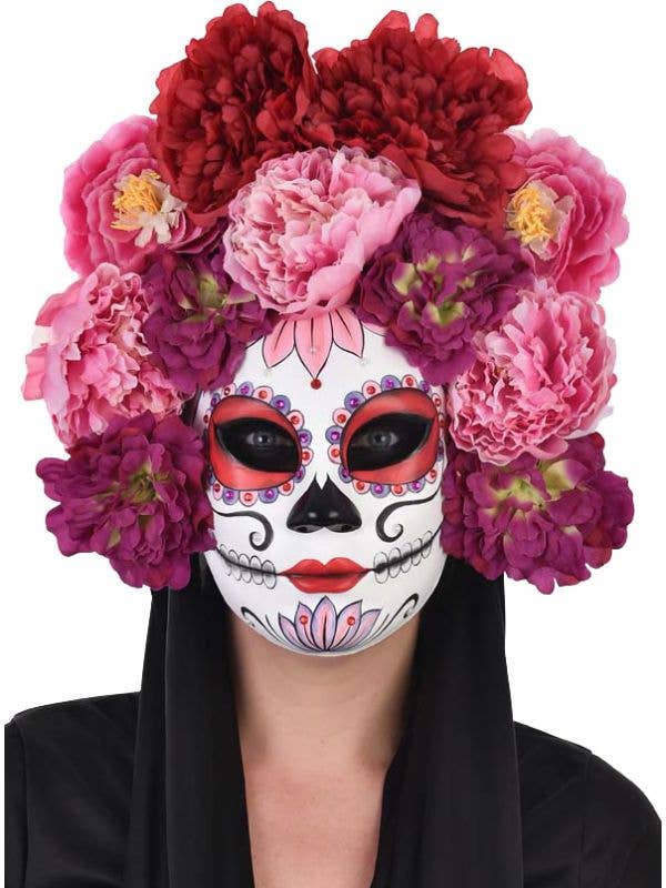 Image of Day of the Red Pink Flower Sugar Skull Costume Mask