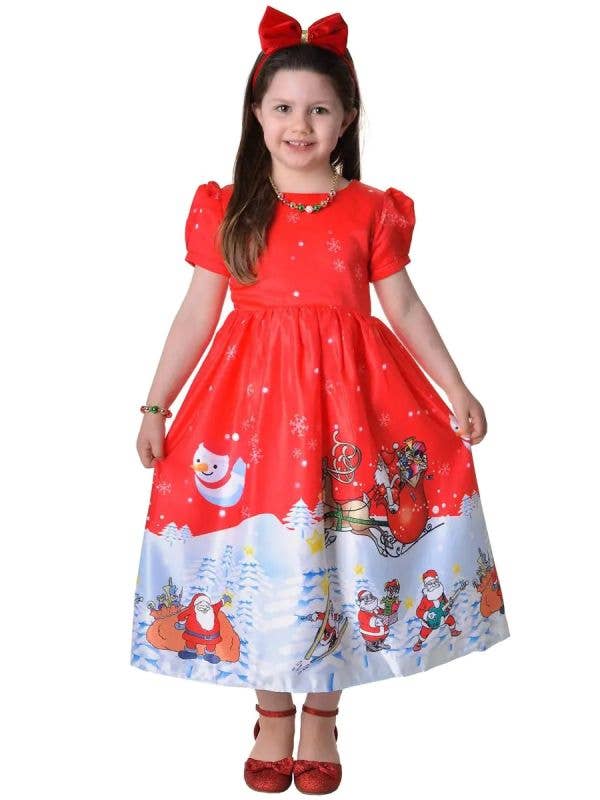 Image of Deluxe Red and White Santa Print Girl's Christmas Dress - Front View