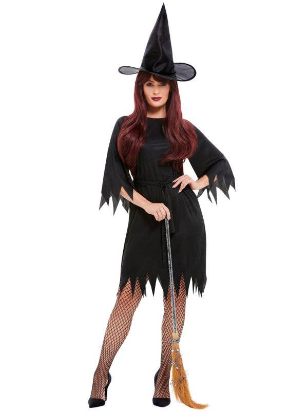Women's Black Witch Dress Hat and Belt Budget Halloween Costume Main Image