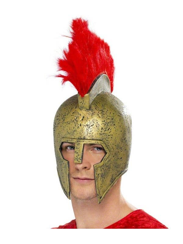 Roman Gladiator Helmet Gold Warrior God Fancy Dress Red Plume New 