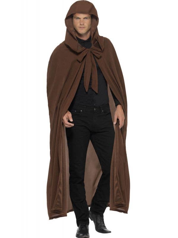 Long Brown Hooded Costume Robe For Adults - Front View