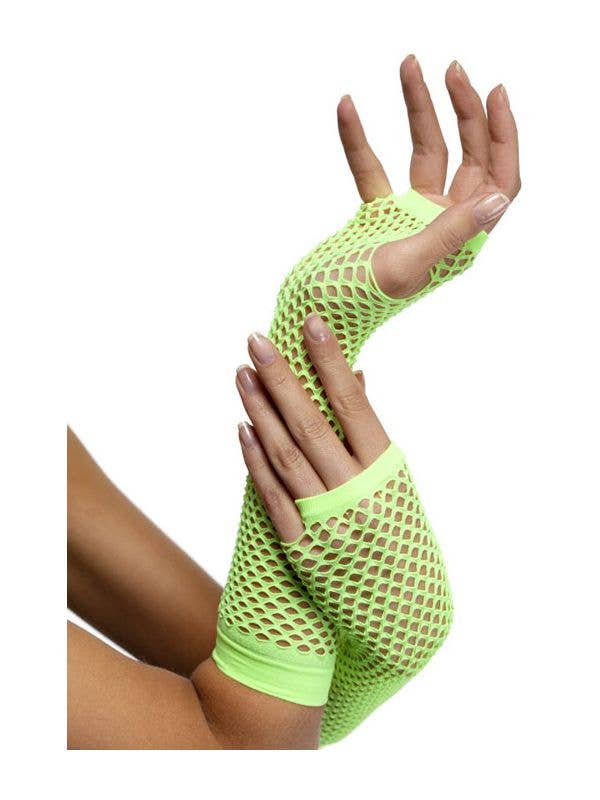Neon Green 80s Fashion Costume Fishnet Gloves - Main Image