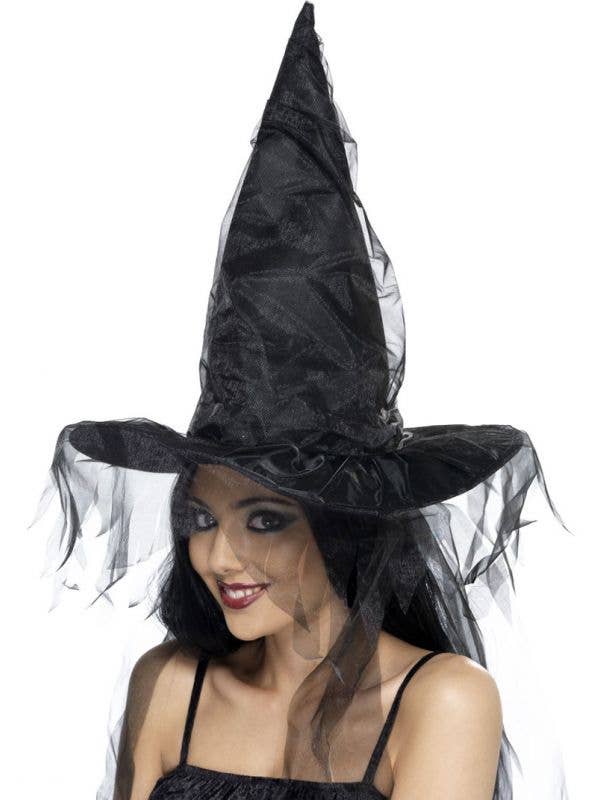 Tall Black Netted Witch Costume Hat