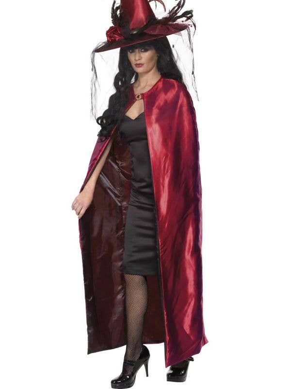 Long Reversible Black and Red Satin Witch Costume Cape - Main Image