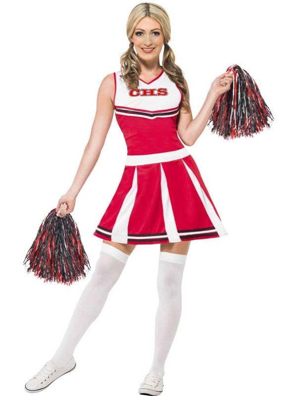 Sexy Women Red Cheerleader Fancy Dress Costume - Front View