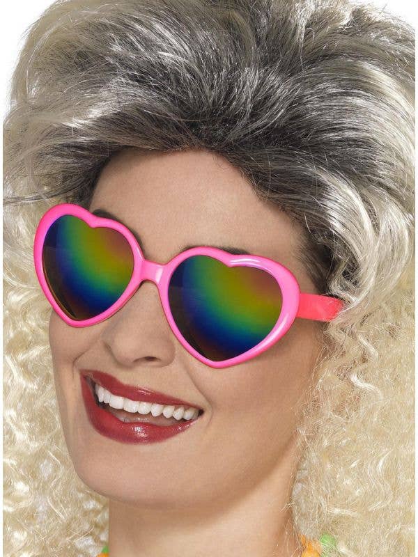 Women's Hot Pink 80s Heart Shaped Rainbow Mirrored Costume Sunglasses