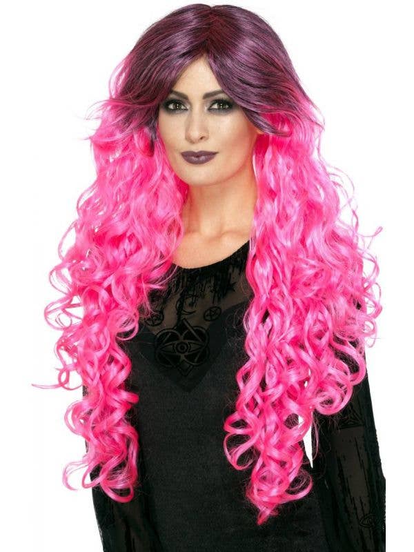 Women's Long Curly Pink and Black Ombre Halloween Wig Main Image