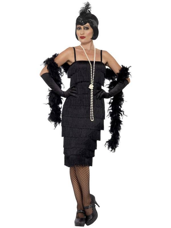 Women's Long Black Fully Fringed Flapper Dress Costume - Front View