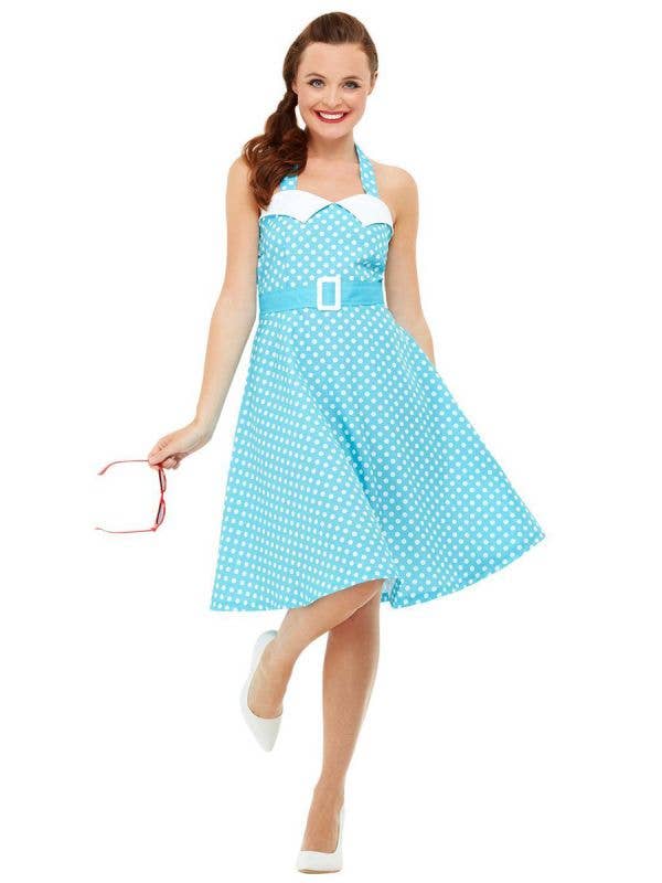 Blue Polka Dot Womens Pin Up 50s Dress Up Costume - Front Image