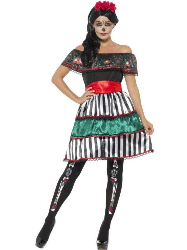 Women's Black And White Day Of The Dead Halloween Fancy Dress Costume Main Image