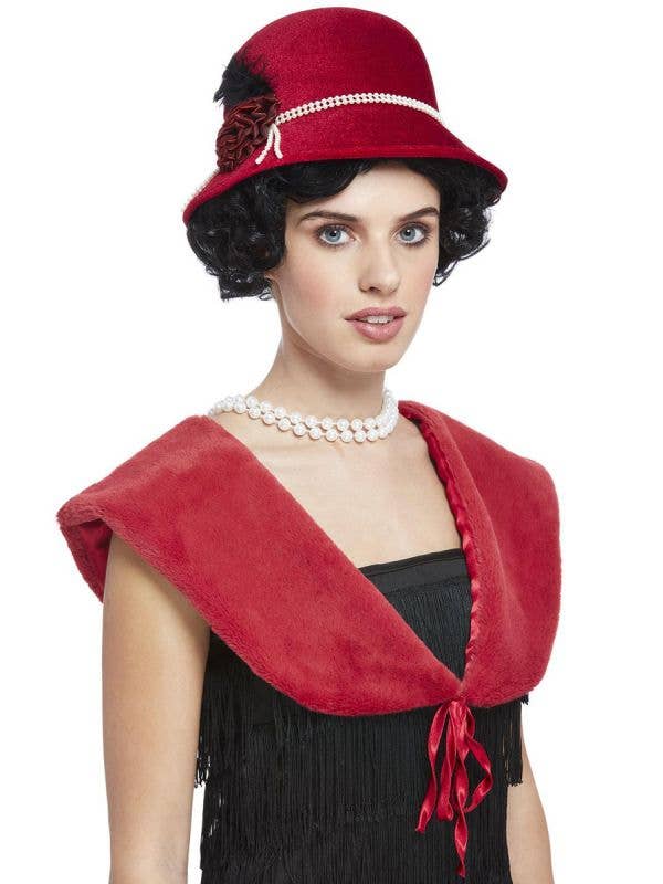 Womens Red Flapper Shawl and Cloche Hat