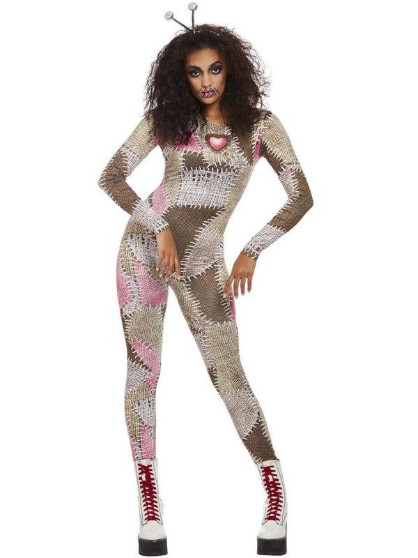 Image of Womens Halloween Costume, Womens Pink and Brown Patchwork Voodoo Doll Costume - Front Image
