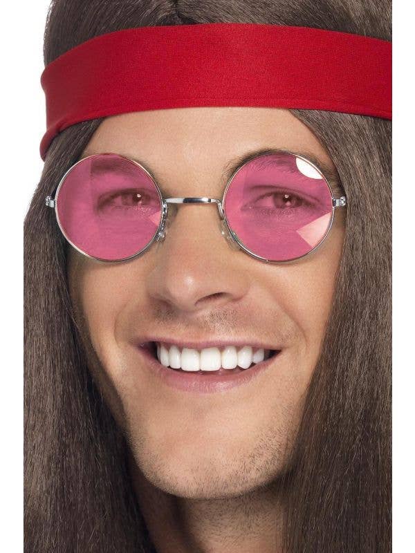 Round Hippie Costume Glasses with Pink Lenses - Main Image