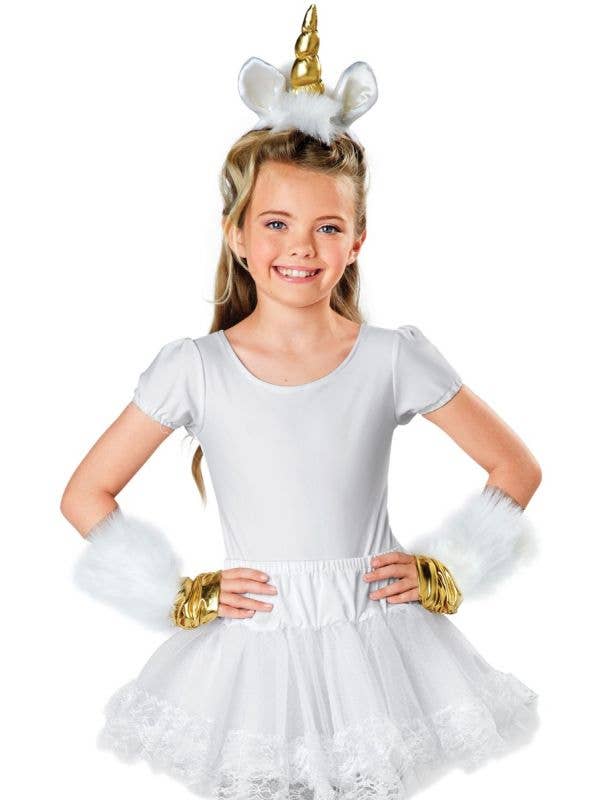 Gold Unicorn Horn and white Furry Wristlets Kids Costume Accessory Main Image