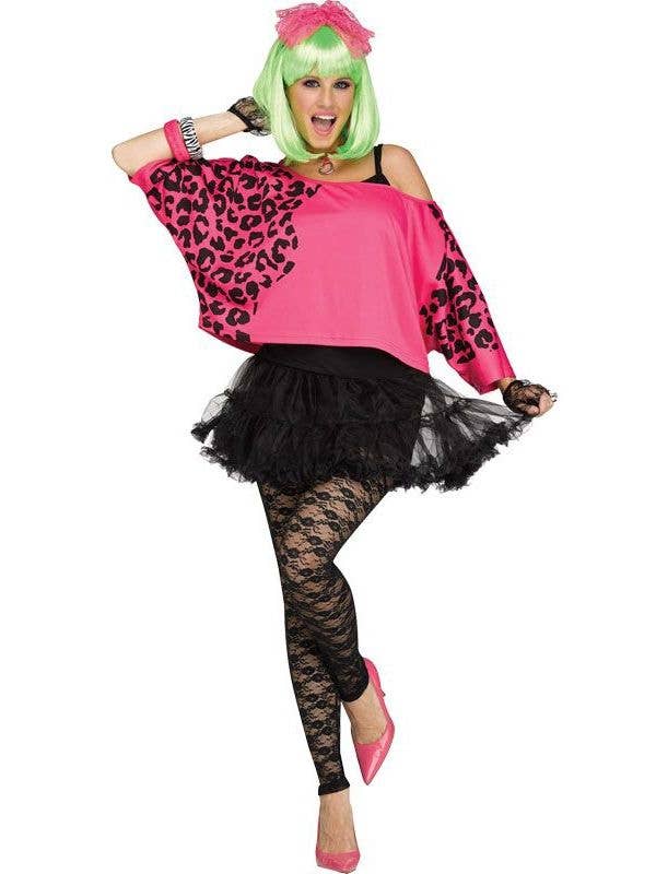 Neon Pink 80's Costume Crop Top With Leopard Print