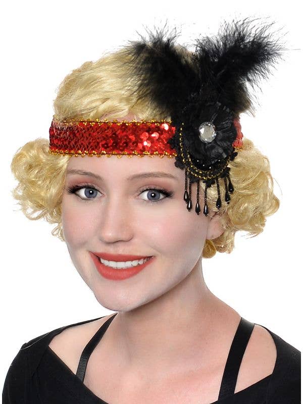 Women's Cute Red Sequins and Black Feathers Flapper Dress Costume Accessory Headband - Main Image