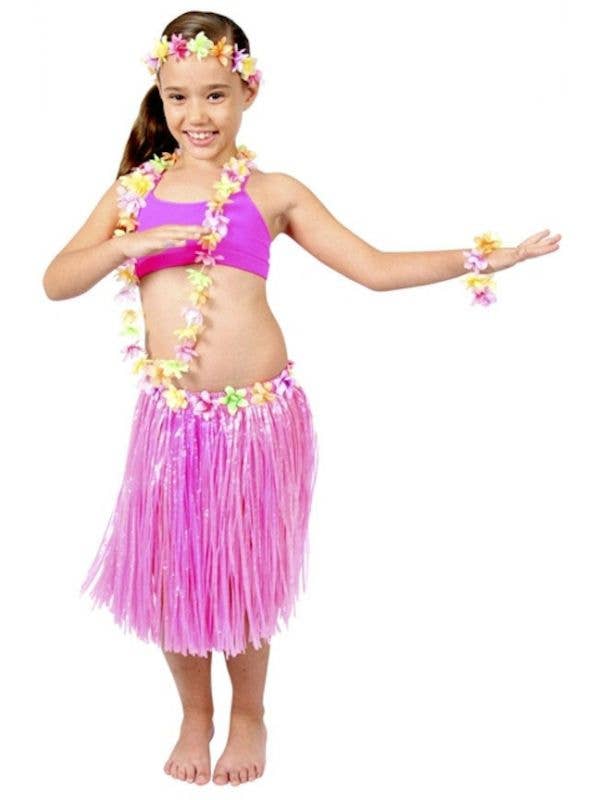 Pink Hawaiian Girl's Grass Skirt and Lei Costume Kit