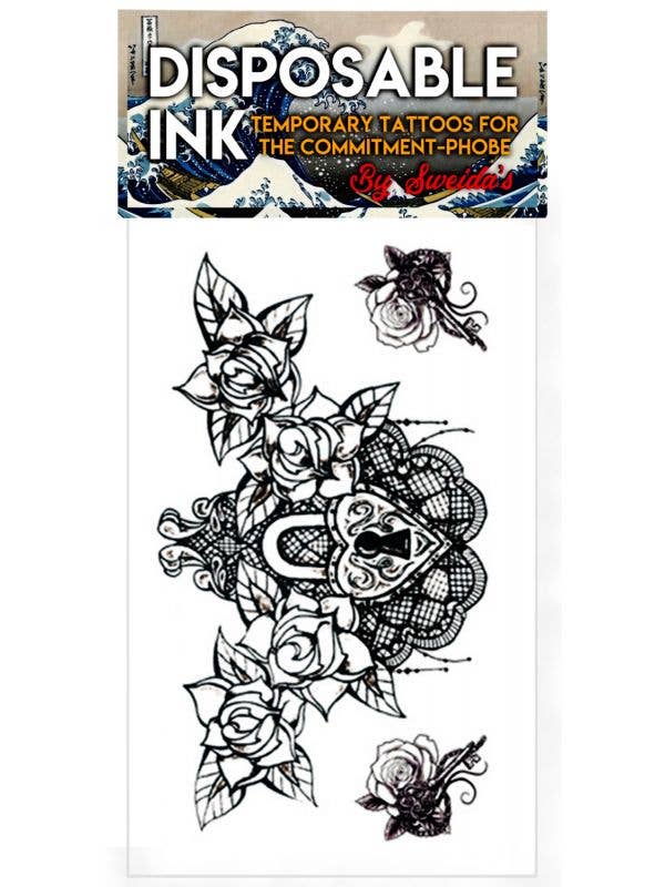 Disposable Ink Rose Garden Padlock and Key Temporary Body Tattoos Costume Accessory