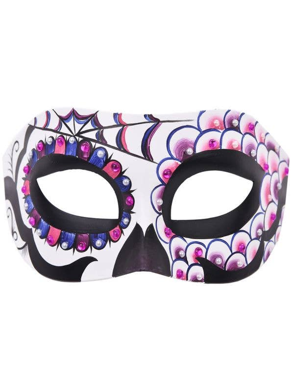 Pink and Purple Day of the Dead Masquerade Mask with Rhinestones