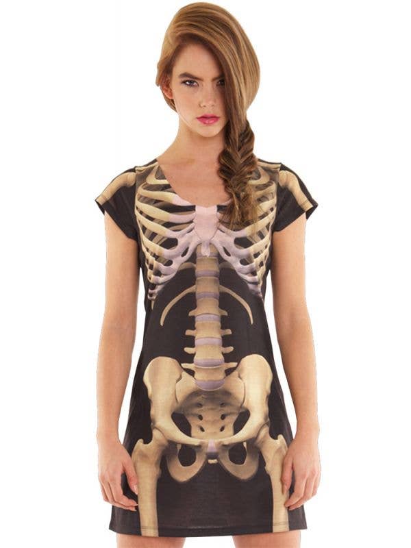 Women's Skeleton Print Faux Real Halloween Costume Dress Front Image