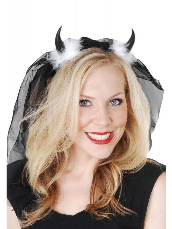Black Devil Horns with Black Veil Costume Accessory