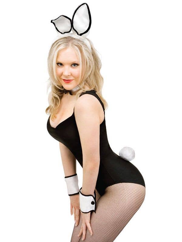 Black and White Playboy Bunny Costume Accessory Kit with Bunny Ears Headband, Collar, Wrist Cuffs and Rabbit Tail - Main Image