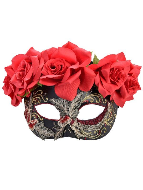 Women's Black Masquerade Mask with Flowers and Embroidery