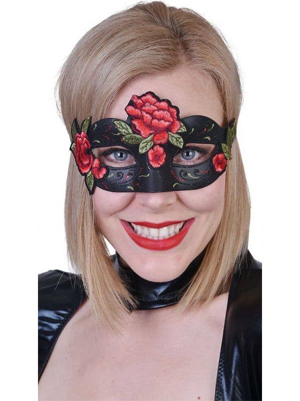 Women's Red and Black Rose Masquerade Mask Main Image