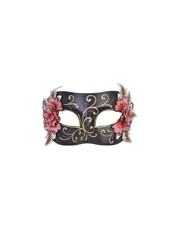 Black Masquerade Mask with Flowers and Red and Gold Glitter