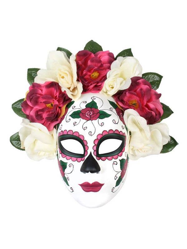 Deluxe Full Face Sugar Skull Masquerade Mask with Red and White Flowers