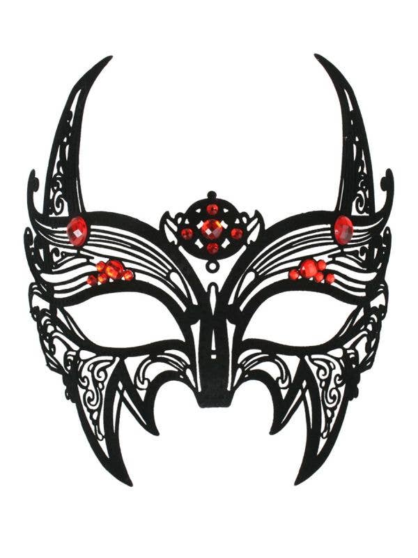 Flocked Black Filigree Devil Women's Masquerade Mask with Red Gems View 1