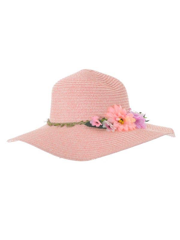 Salmon Pink Straw Floppy Costume Sun Hat with Flowers