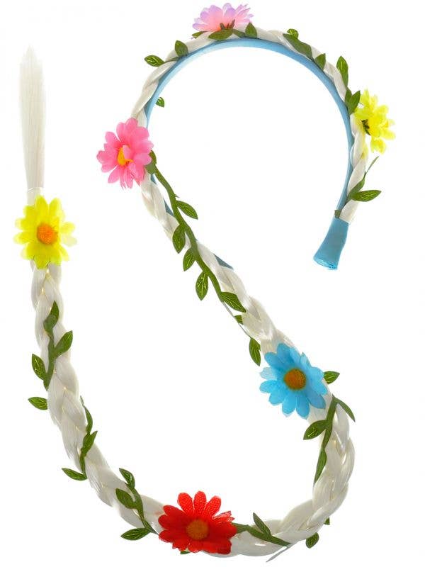 Long Blonde Braided Headband with Coloured Flowers Costume Accessory