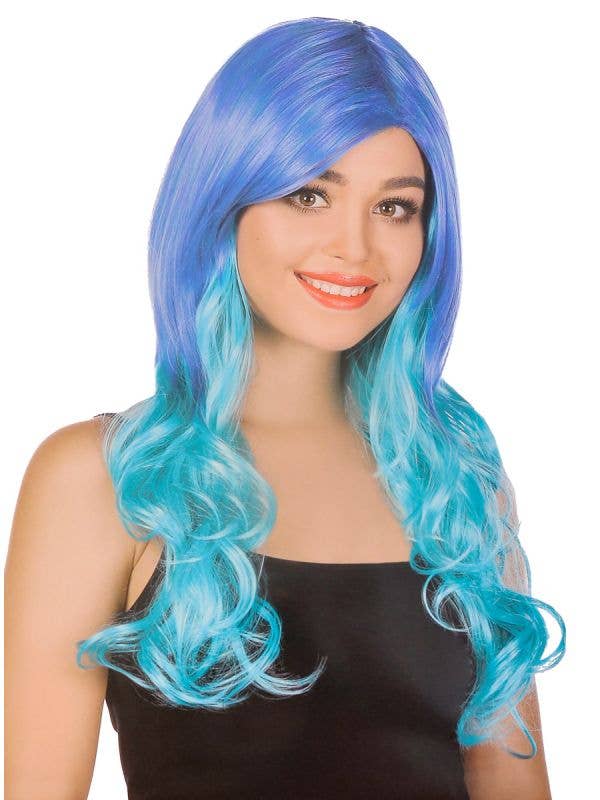 Women's Long Curly Blue to Aqua Ombre Costume Wig