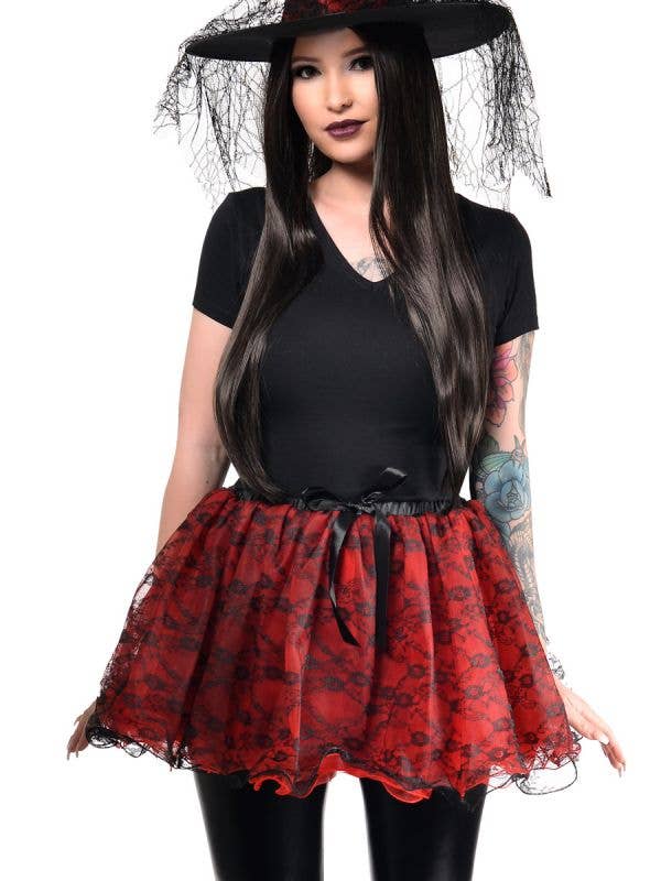Womens Red and Black Lace Fluffy Costume Tutu - Close Image