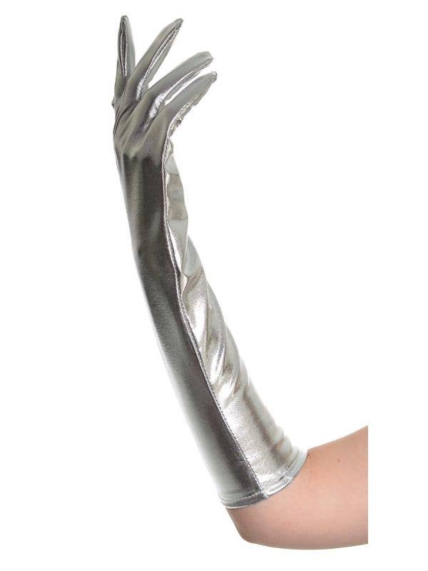 Elbow Length Women's Metallic Silver Costume Gloves 