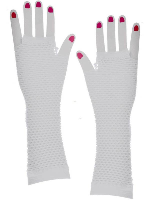 White Stretch Fishnet Elbow Length Costume Gloves