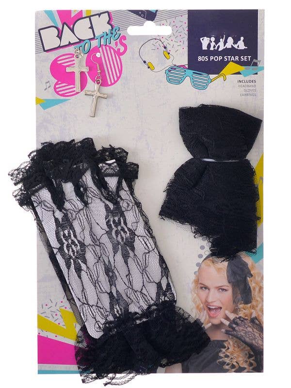 80s Black Lace Gloves, Head Bow and Earrings Set