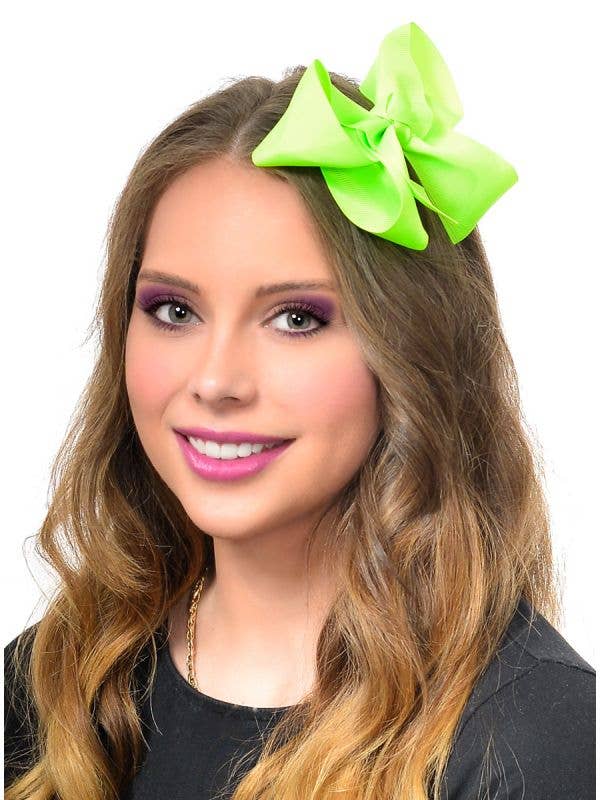 Neon Green Large Bow On Clip 80's Costume Accessory
