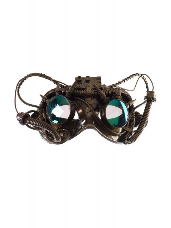 Gold Antiqued Steampunk Masquerade Mask with Mirrored Goggles Party Mask - Main Image