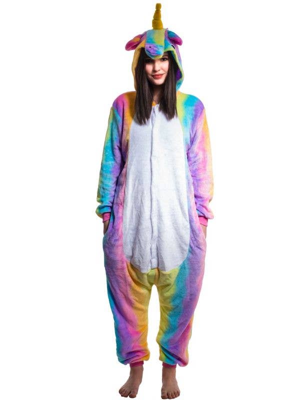 Women's Enchanted Rainbow Striped Unicorn Costume Onesie Jumpsuit Main Image