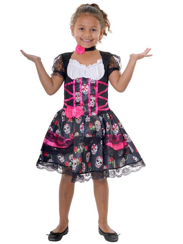 Image of Day of the Dead Girls Pink Sugar Skull Halloween Costume - Front View