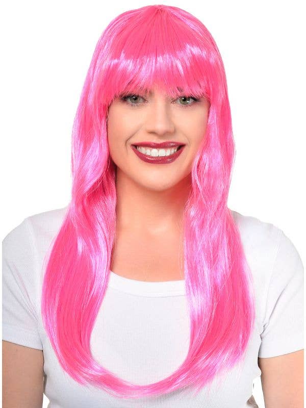 Womens Neon Pink Long Straight Costume Wig with Front Fringe - Front Image