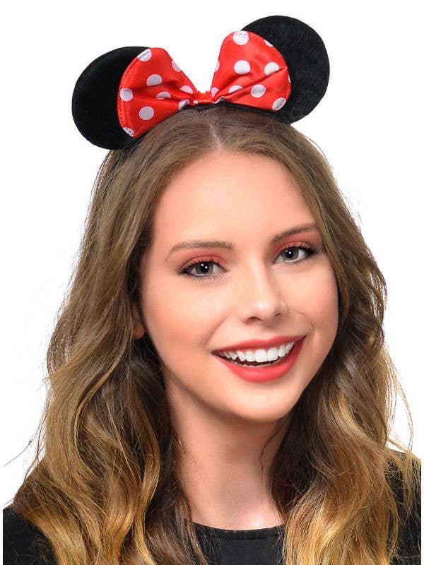 Red and White Spotted Bow with Minnie Mouse Ears on Headband