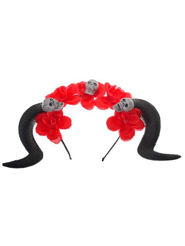 Black Goat Horns on Red Flower Headband with Skulls Headpiece - Main Image