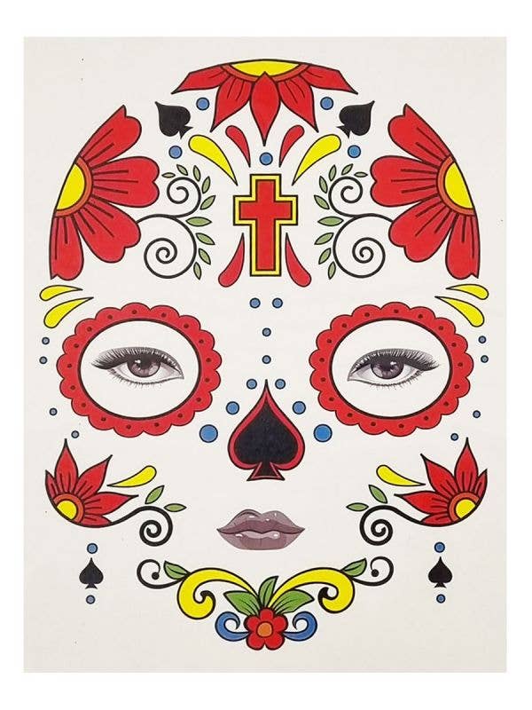 Floral Red and Yellow Day of the Dead Sugar Skull Temporary Face Tattoos - Main Image